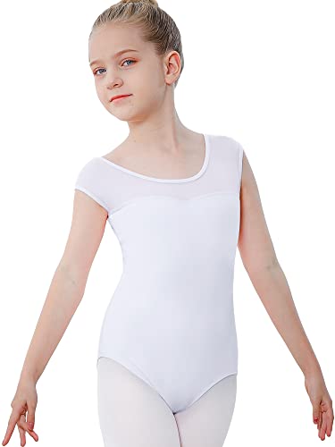 Stelle Leotard for Girls Toddler Ballet Leotards Dance Gymnastics Outfits with Mesh Cap Sleeve (White, 6 Years)