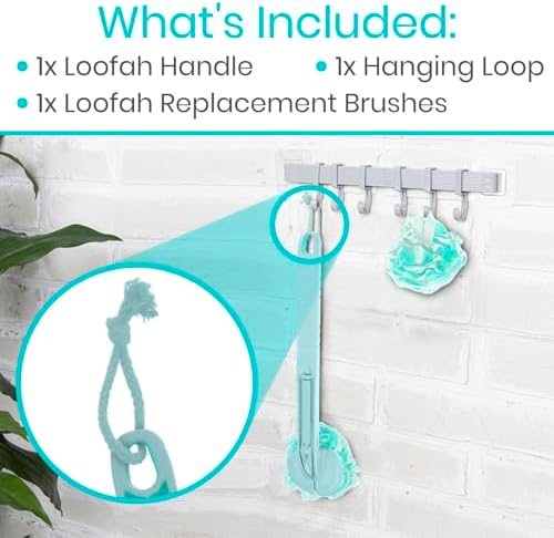 Vive Long Handled Loofah on a Stick - Mesh Back Sponge for Bath, Reusable w/Extra Pouf - Exfoliating Scrubber for Elderly & Disabled, Soft Loofa for Bathing Men & Women
