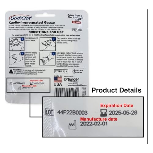 Adventure Medical Kits QuikClot Gauze - Gauze for Emergency Survival Kit, Doomsday Prepping Supplies & More - Stops Bleeding Fast with Kaolin - Flexible Hemostatic Medical Gauze - 3" x 24"