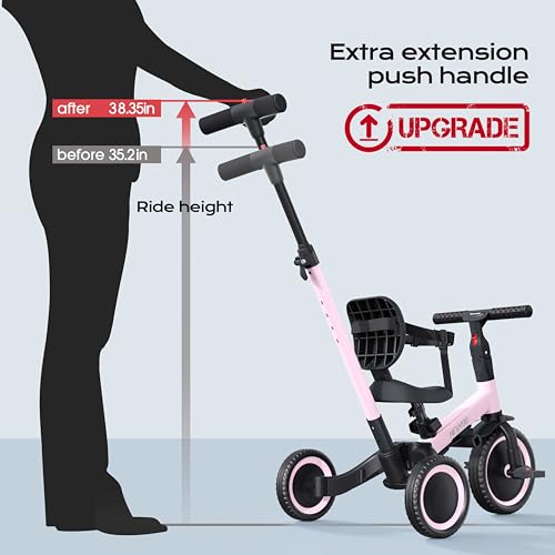newyoo Toddler Tricycle,Toddler Bike,Birthday Gifts & Toys for 1-3 Year Old Boys & Girls, Trike with Push Handle, Backrest and Safety Belt, Balance Bike, TR007, Pink