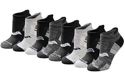 Saucony Women's RunDry Performance 8, 16 Heel Tab Athletic Socks, S-L, Black White Assorted (8 Pairs), Small