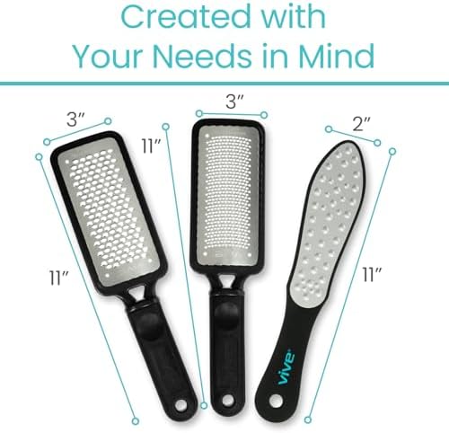 Vive Foot File (3 Pack) - Feet Scraper for Dead Skin - Heel Grater, Callus Remover Scrubber Tool, Rasp for Cracked Heels - Stainless Steel Pedicure Filer for Men & Women - Use on Wet or Dry Skin