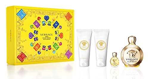 Versace Eros Pour Femme 4 Piece Gift Set for Women (Eau De Parfum Spray + Body Lotion + Shower Gel) 3.4 Ounce Each + 0.17 Ounce Mini Spray