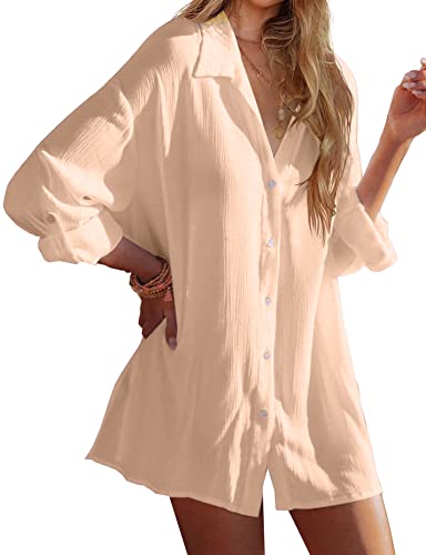 LYHNMW Women Beach Cover Up Roll up Long Sleeve Button Down Shirts Bathing Suit Cover up Beachwear Swimsuit Covers Light Apricot