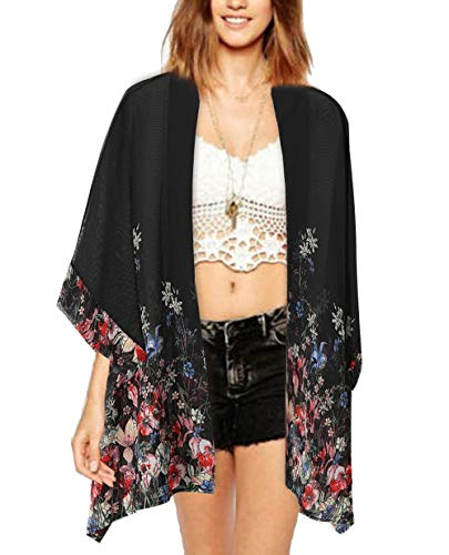 WEIYAN Women's Tops Loose Chiffon Kimono Cardigan Beach Swim Cover up Blouse (Black Print,Large)