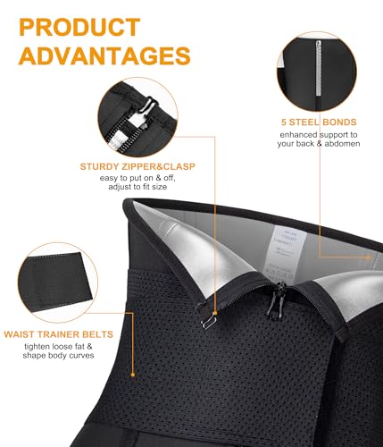 SCARBORO Waist Trainer for Women Belly Fat Sauna Sweat Waist Trimmer Corset for Stomach Wrap Workout Belt Shaper Band Zipper (Black-silver inner, Small)