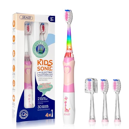 SEAGO Kids Electric Toothbrush with 2 Mins Timer and 4 Replacement Bursh Heads, Rainbow LED Light Make Brushing Fun, Pink Color Girls Battery Powerd for 4-12 Years Old,SG-977