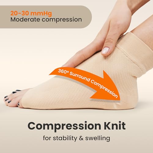 KEMFORD Ankle Compression Sleeve - Plantar Fasciitis Braces - Open Toe Compression Socks for Swelling, Sprain, Neuropathy, Arch Support for Men and Women - 15-20mmhg, S, Beige