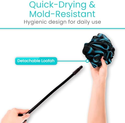 Vive Bendable Loofah on a Stick with Long Handle - Body Exfoliator Luffa & Long Handled Sponge - Back Scrubber & Bath Brush Lufa for Shower, Women, Men, Elderly - Handheld Loofa & Wall Hook Included