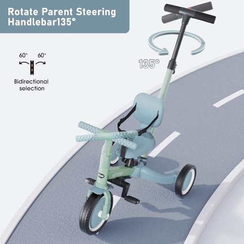 newyoo Toddler Tricycle with Push Handle for 1-3 Year Old, Toddler Bike, Birthday Toy for Boys & Girls, 5 in 1 Kids Trike, Balance Bike with Backrest & Safety Belt, Green, TR007