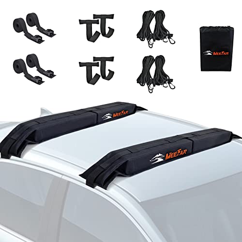 MeeFar Universal Roof Rack Pads Fit on Cross Bars - for Kayak/Surfboard/SUP/Canoe with 2 Heavy Duty Tie Down Straps, 2 Tie Down Rope, 2 Quick Loop Strap and Storage Bag