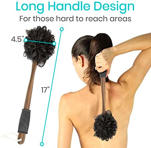 Vive 17” Shower Loofah with Long Handle - Exfoliating Back & Body Scrubber for Men & Women - Luffa Sponge on a Stick for Bathing, Cleaning - Includes Extra Handheld Lufa, Hook & String to Hang on Wall