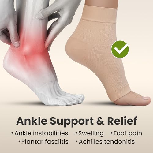 KEMFORD Ankle Compression Sleeve - Plantar Fasciitis Braces - Open Toe Compression Socks for Swelling, Sprain, Neuropathy, Arch Support for Men and Women - 15-20mmhg, S, Beige