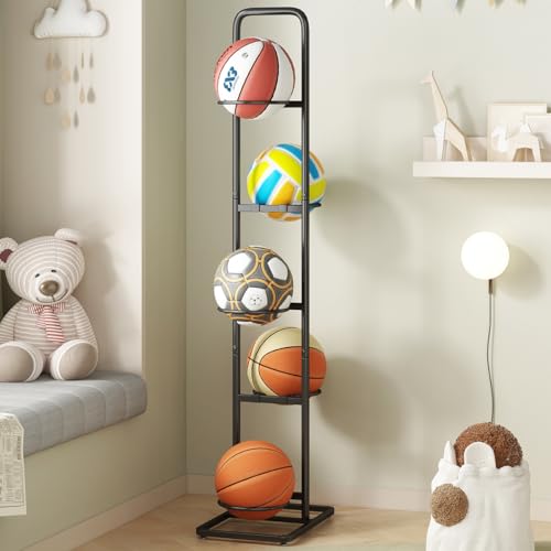 YIILII Vertical Ball Storage Rack - Adjustable 5-Tier Sports Organizer Stand for Basketball, Soccer, Volleyball and More(56.7inches)