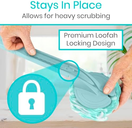Vive Long Handled Loofah on a Stick - Mesh Back Sponge for Bath, Reusable w/Extra Pouf - Exfoliating Scrubber for Elderly & Disabled, Soft Loofa for Bathing Men & Women