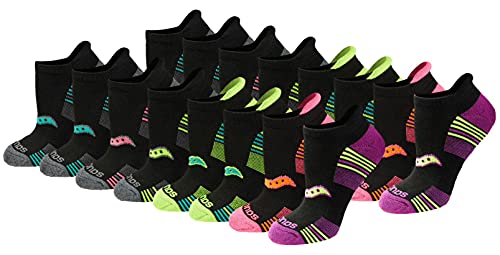 Saucony Women's RunDry Performance 8, Heel Tab Athletic Socks, S-L, Black Assorted (16 Pairs), Small