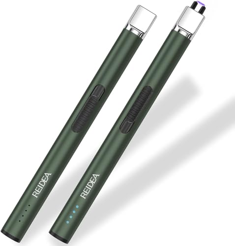 REIDEA 2 Pack Electric Lighter USB Rechargeable Safety Lock with LED Battery Indicator Flameless Windproof Arc Plasma Lighter for Candle, Fireworks (S4 Pro, Pine Green)