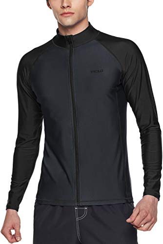 TSLA Men's Long Sleeve Zip Rash Guard, UPF50+ UV/Sun Protection Quick Dry Swim Shirts, Solid Zip Dark Grey & Black, X-Small