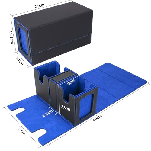 AFIING MTG Commander Card Storage Box - Fits 200 Double Sleeved Cards,3-in-1Card Deck Case,Strong Magnet Card Organizer For Magic Commander TCG CCG,4Dividers &2 Toploaders, Black/Blue