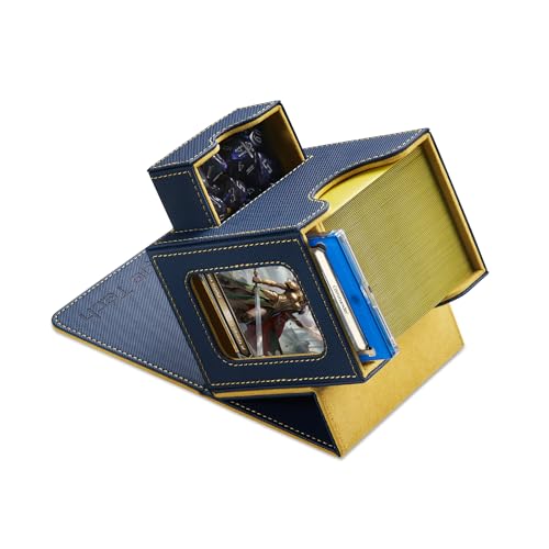 Mage Tech Card Deck Box for MTG Commander - Patented Design, Commander Display, Fits 100 Double-Sleeved Cards, 35pt Card Brick & Dice Tray - Blue/Yellow