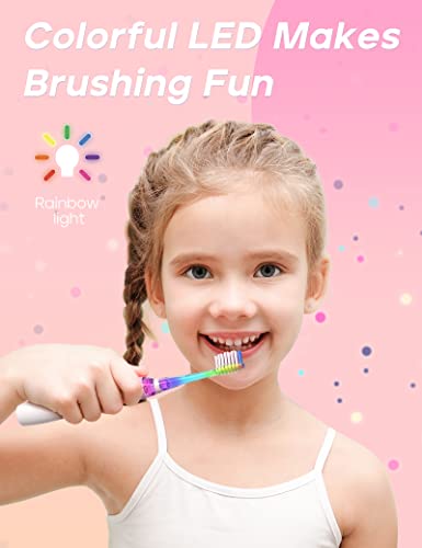 SEAGO Kids Electric Toothbrush with 2 Mins Timer and 4 Replacement Bursh Heads, Rainbow LED Light Make Brushing Fun, Pink Color Girls Battery Powerd for 4-12 Years Old,SG-977