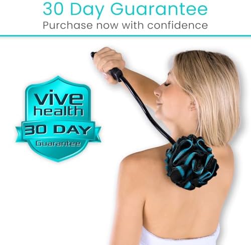 Vive Bendable Loofah on a Stick with Long Handle - Body Exfoliator Luffa & Long Handled Sponge - Back Scrubber & Bath Brush Lufa for Shower, Women, Men, Elderly - Handheld Loofa & Wall Hook Included