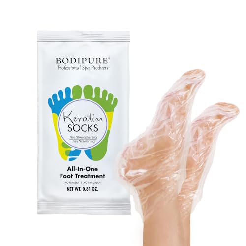 Bodipure All-In-1 Moisturizing Foot Mask, Keratin & Vitamin E Foot Mask for Dry Cracked Feet, Callus & Heel Softening, Easy-to-Use Pedicure Foot Repair, Chemical-free Feet Treatment 12 Pairs