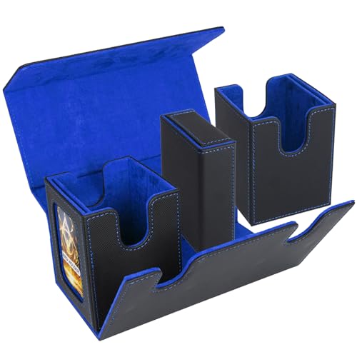 AFIING MTG Commander Card Storage Box - Fits 200 Double Sleeved Cards,3-in-1Card Deck Case,Strong Magnet Card Organizer For Magic Commander TCG CCG,4Dividers &2 Toploaders, Black/Blue