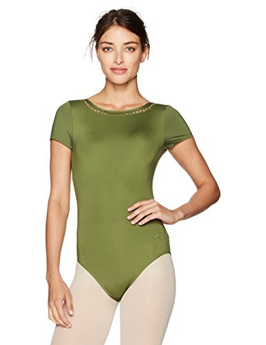 Danskin Women's Laser Cut-Out High Neck Cap Sleeve Leotard, Olive, Medium