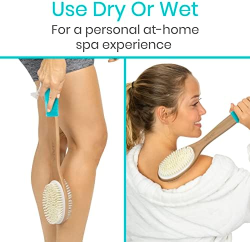 Vive Back Scrubber for Shower – Long Handle Dry Brushing Body Brush with Soft & Stiff Bristles – Exfoliating Shower Loofah & Bath Scrubber Cleaner for Women, Men, Elderly – Antiskid Grip