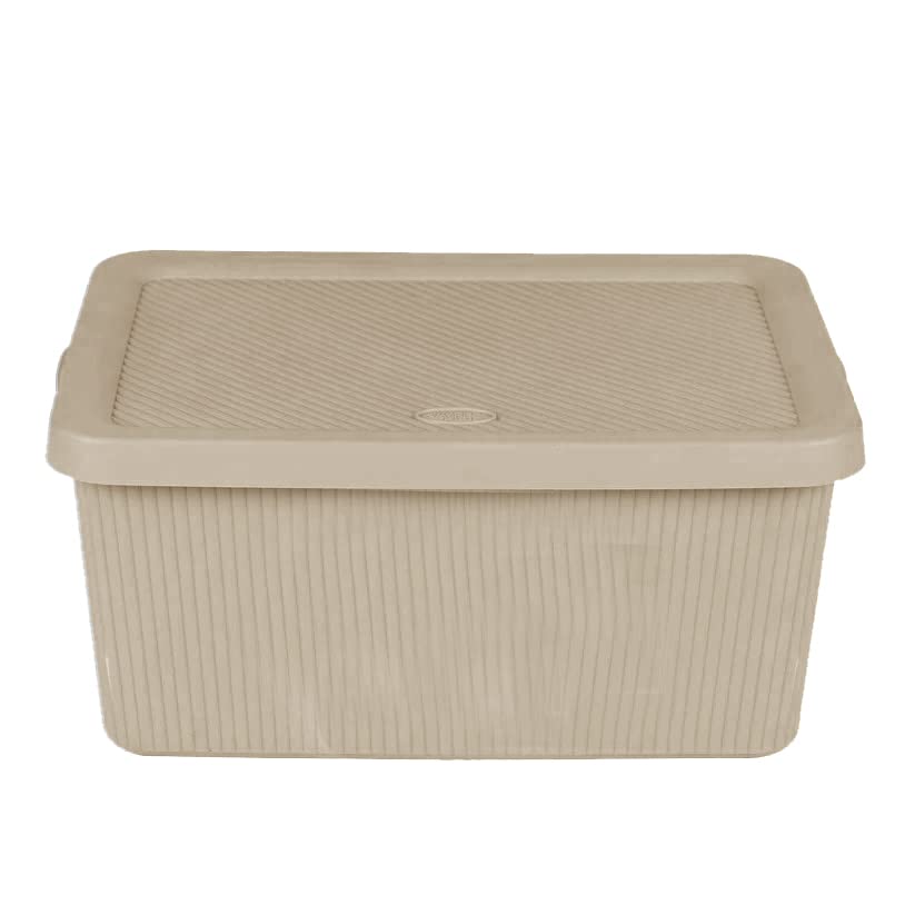 14L Litre Beige Large Utility Storage Box With Lid Virgin Plastic Stackable Lidded Basket Container Storage Organiser Lidded Bin Box With Handles For Makeup Storage Shelves Home Kitchen Office
