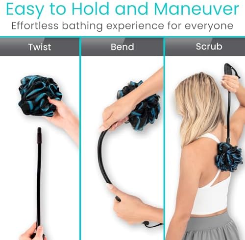 Vive Bendable Loofah on a Stick with Long Handle - Body Exfoliator Luffa & Long Handled Sponge - Back Scrubber & Bath Brush Lufa for Shower, Women, Men, Elderly - Handheld Loofa & Wall Hook Included
