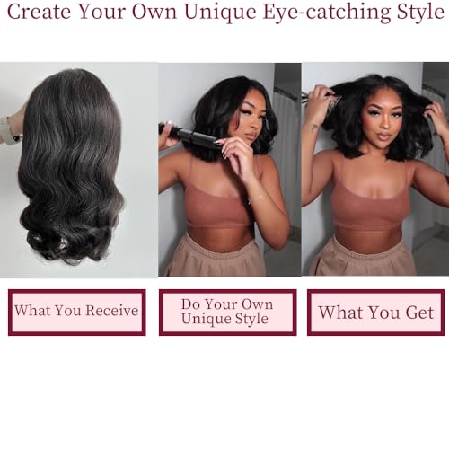 Bob Wig Human Hair 13x4 Frontal Lace Wig 14 Inch Body Wave 180% Density HD Transparent Lace Front Wigs Human Hair Wigs for Black Women Pre Plucked Natural Black