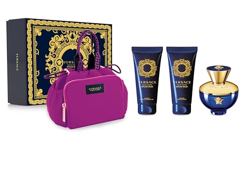 Versace Dylan Blue for Women - 4 Pc Gift Set - 3.4oz EDP Spray, Sublime Body Lotion, Bath and Shower Gel - Makeup Case