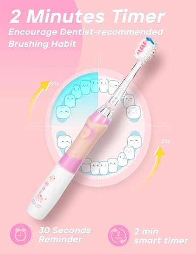 SEAGO Kids Electric Toothbrush with 2 Mins Brushing Timer and 8 Replacement Bursh Heads,Rainbow LED Light Make Brushing Fun, Pink Color Girls Battery Powerd Toothbrush for 4-12 Years Old