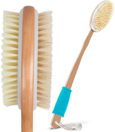 Vive Back Scrubber for Shower – Long Handle Dry Brushing Body Brush with Soft & Stiff Bristles – Exfoliating Shower Loofah & Bath Scrubber Cleaner for Women, Men, Elderly – Antiskid Grip