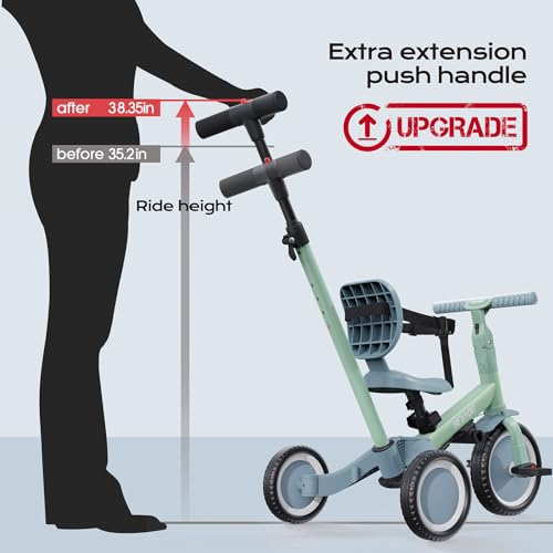 newyoo Toddler Tricycle with Push Handle for 1-3 Year Old, Toddler Bike, Birthday Toy for Boys & Girls, 5 in 1 Kids Trike, Balance Bike with Backrest & Safety Belt, Green, TR007