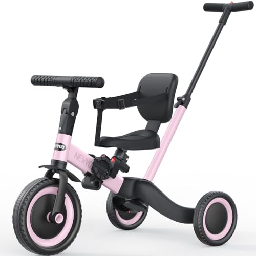 newyoo Toddler Tricycle,Toddler Bike,Birthday Gifts & Toys for 1-3 Year Old Boys & Girls, Trike with Push Handle, Backrest and Safety Belt, Balance Bike, TR007, Pink