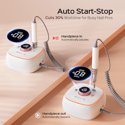 Professional Cordless Nail Drill 40000RPM Brushless - 7800mAh Rechargeable Electric Nail File for Acrylic Gel Nails, Fast Removal, Auto Start-Stop, Salon Use - BOLASEN HaloDrill 10