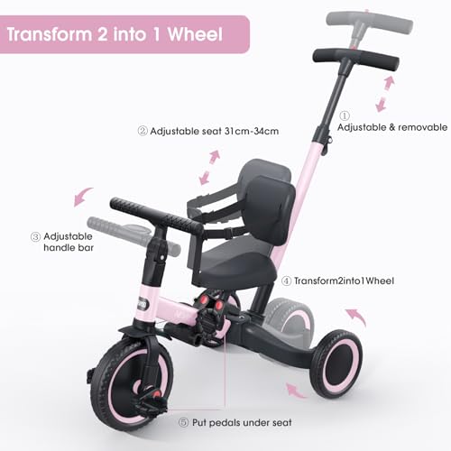 newyoo Toddler Tricycle,Toddler Bike,Birthday Gifts & Toys for 1-3 Year Old Boys & Girls, Trike with Push Handle, Backrest and Safety Belt, Balance Bike, TR007, Pink