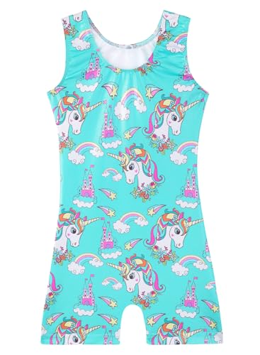 Belovance Leotards for Girls Gymnastcis Dance Outfit 7-8 Kid Child Sleeveless Sparkle Green Castle Unicorn Biketard (Green Castle, 7-8 Years)