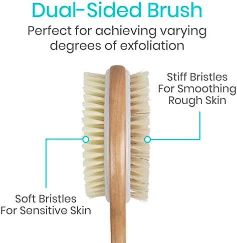 Vive Back Scrubber for Shower – Long Handle Dry Brushing Body Brush with Soft & Stiff Bristles – Exfoliating Shower Loofah & Bath Scrubber Cleaner for Women, Men, Elderly – Antiskid Grip