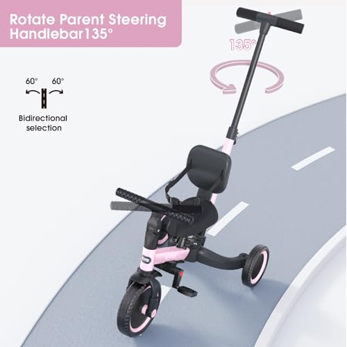 newyoo Toddler Tricycle,Toddler Bike,Birthday Gifts & Toys for 1-3 Year Old Boys & Girls, Trike with Push Handle, Backrest and Safety Belt, Balance Bike, TR007, Pink