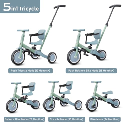newyoo Toddler Tricycle with Push Handle for 1-3 Year Old, Toddler Bike, Birthday Toy for Boys & Girls, 5 in 1 Kids Trike, Balance Bike with Backrest & Safety Belt, Green, TR007