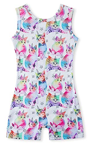 TUONROAD Baby Girl Gymnastic Outfit Kid Fashion Jazz Leotard Dancewear Girl Tights Cat Print Biketard Outfits White Child Lovely Sports Unitard Wear with Rainbow 5-6T