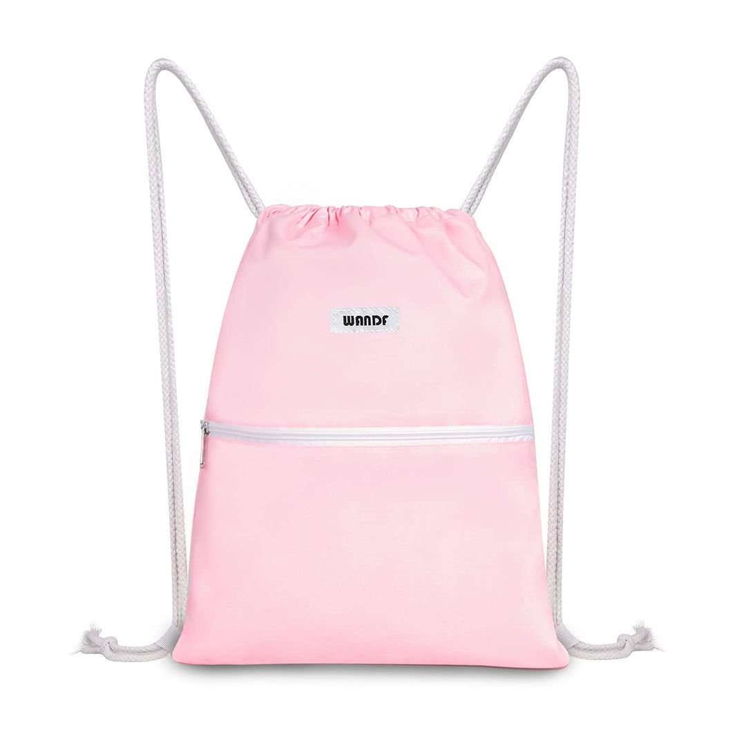 WANDF Drawstring Backpack String Bag Sackpack Cinch Water Resistant Nylon for Sport Yoga Gym Shopping (Light Pink)