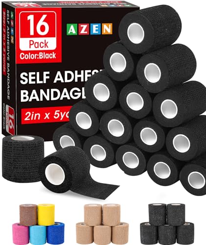 AZEN 16 Pack Self Adhesive Bandage Wrap Black, 2" X 5 Yards Black Athletic Tape, Vet Wrap, Tattoo Grip Tape Wrapļ¼Ankle Tape, Cohesive Bandage Wrap