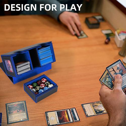 AFIING MTG Commander Card Storage Box - Fits 200 Double Sleeved Cards,3-in-1Card Deck Case,Strong Magnet Card Organizer For Magic Commander TCG CCG,4Dividers &2 Toploaders, Black/Blue