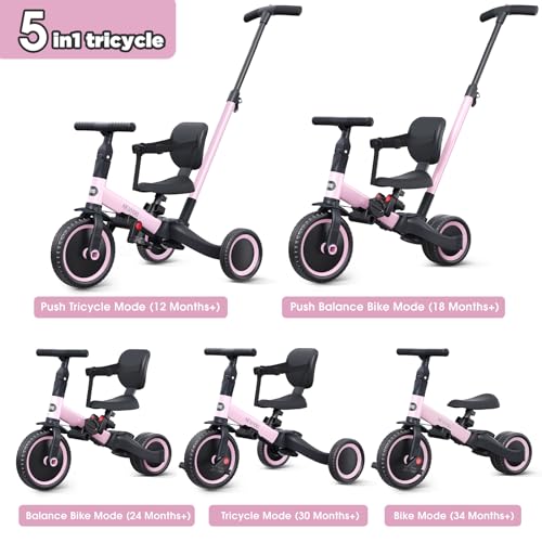 newyoo Toddler Tricycle,Toddler Bike,Birthday Gifts & Toys for 1-3 Year Old Boys & Girls, Trike with Push Handle, Backrest and Safety Belt, Balance Bike, TR007, Pink