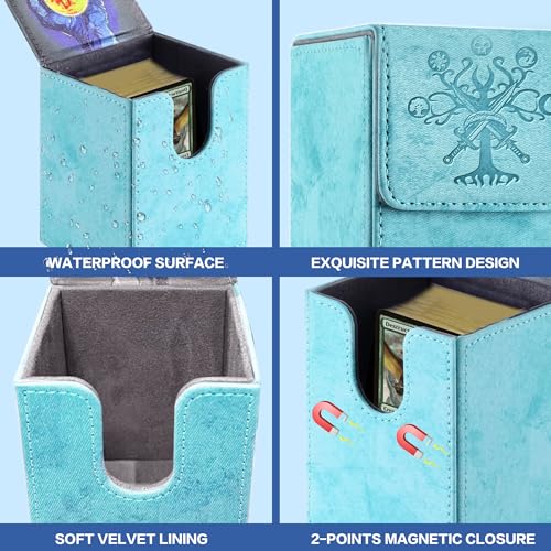 PROMAXIBINDER MTG Card Deck Box, Commander Deck Box Fits 100+ Single Sleeved Cards, Storage for TCG/MTG Crads, PU Leather Strong Magenet (Sky Blue, Tree)